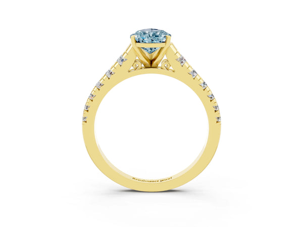 Yellow gold Pear Cut Aquamarine Cathedral Solitaire Ring with Round  Pavé Band