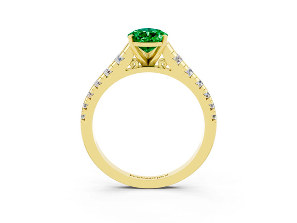 Yellow gold Pear Cut Emerald Cathedral Solitaire Ring with Round  Pavé Band