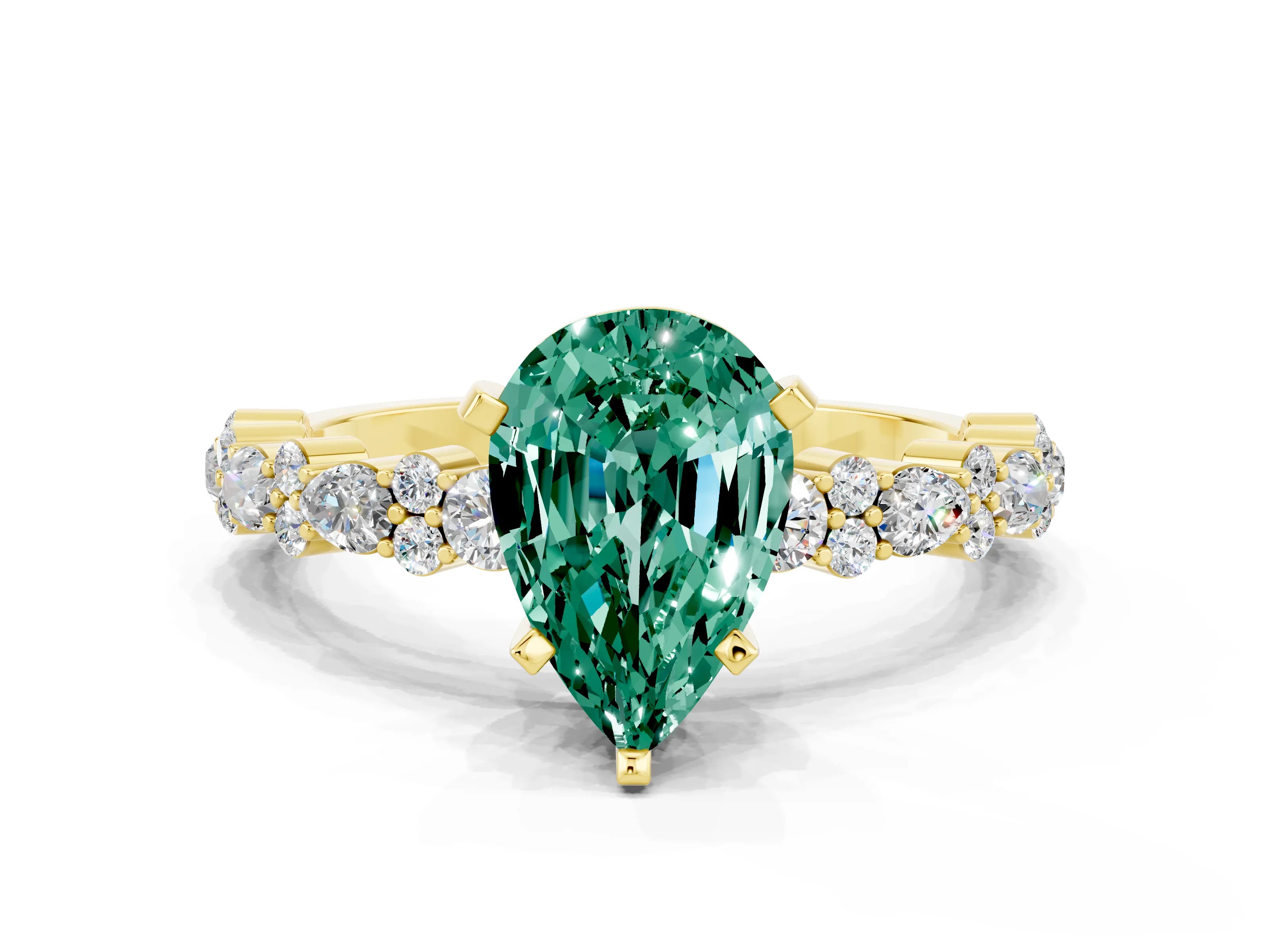 Yellow gold Fancy White Pear Cut Green Sapphire Solitaire with Side Stones, Pave Band, Four-Prong Setting