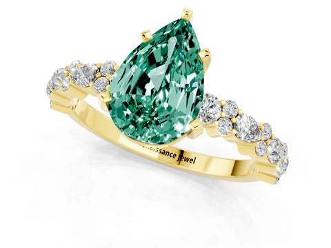 Yellow gold Fancy White Pear Cut Green Sapphire Solitaire with Side Stones, Pave Band, Four-Prong Setting_1