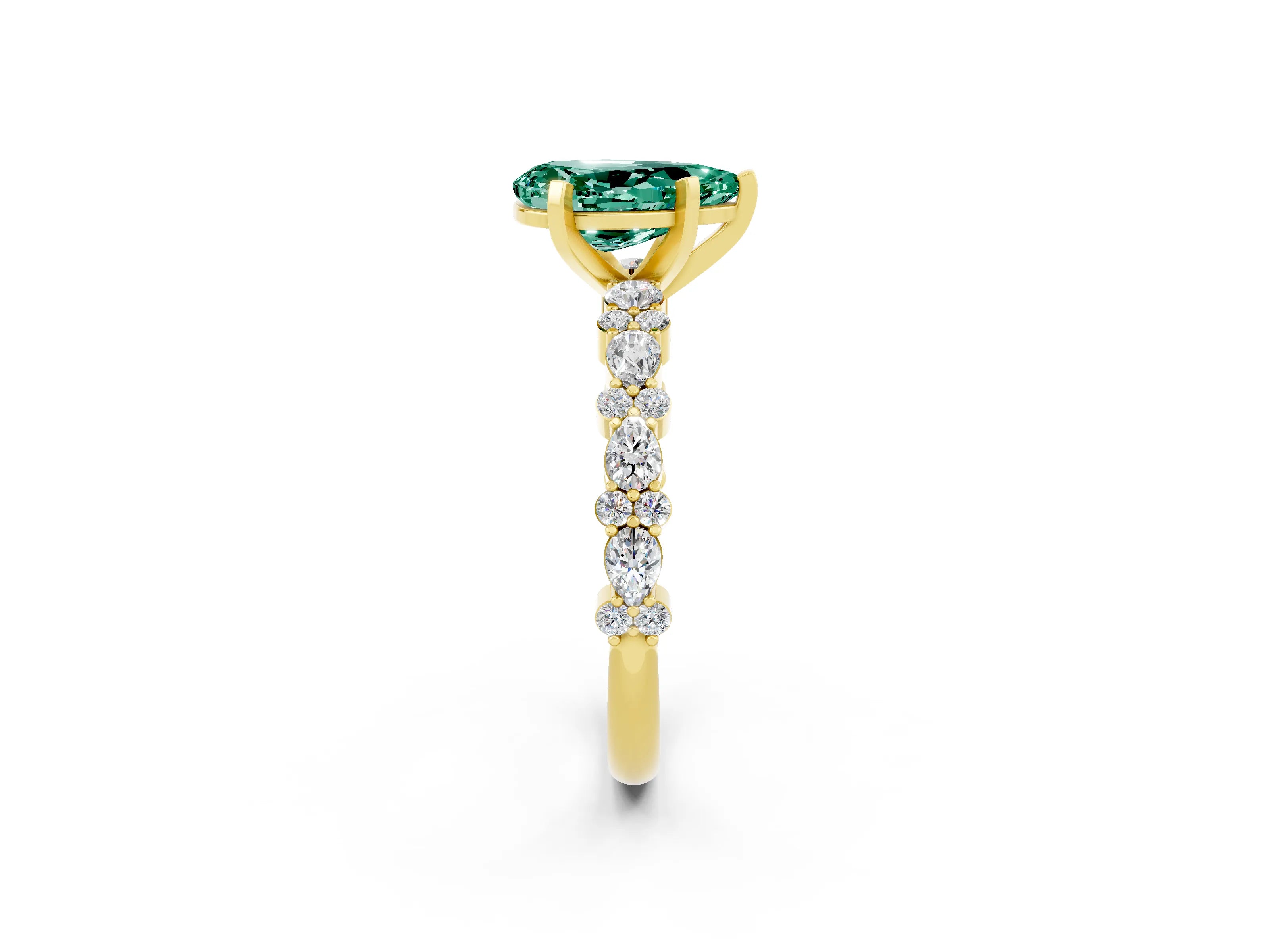 Yellow gold Fancy White Pear Cut Green Sapphire Solitaire with Side Stones, Pave Band, Four-Prong Setting_2