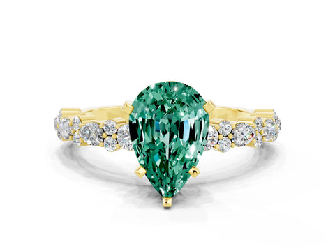 Yellow gold Fancy White Pear Cut Green Sapphire Solitaire with Side Stones, Pave Band, Four-Prong Setting