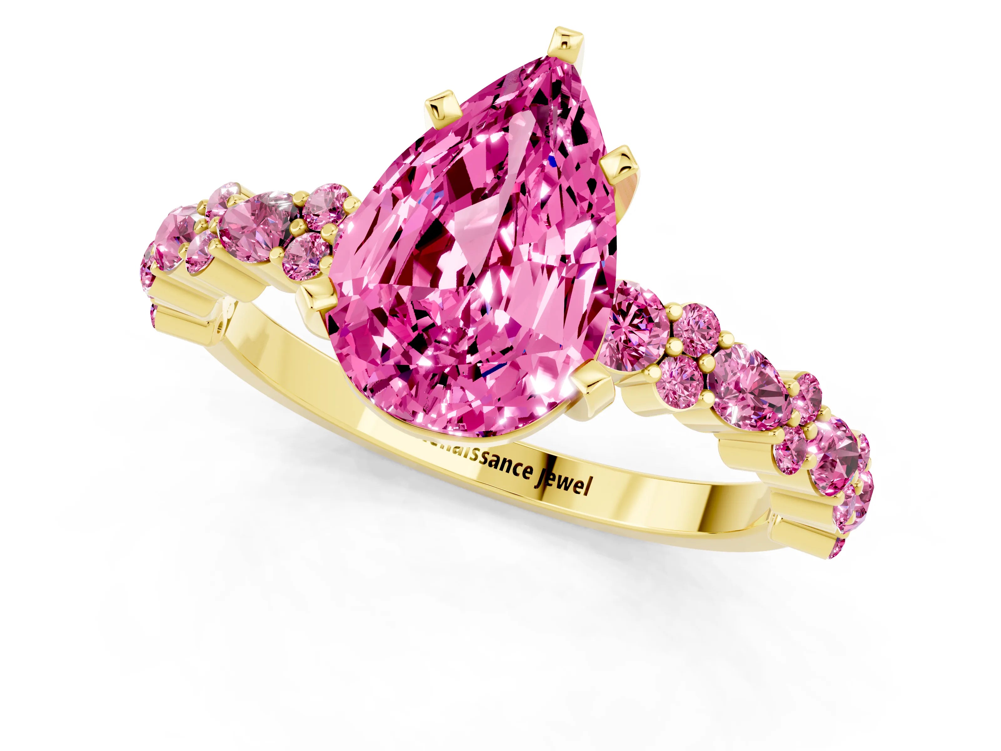 Yellow gold Fancy White Pear Cut Pink Sapphire Solitaire with Side Stones, Pave Band, Four-Prong Setting_13
