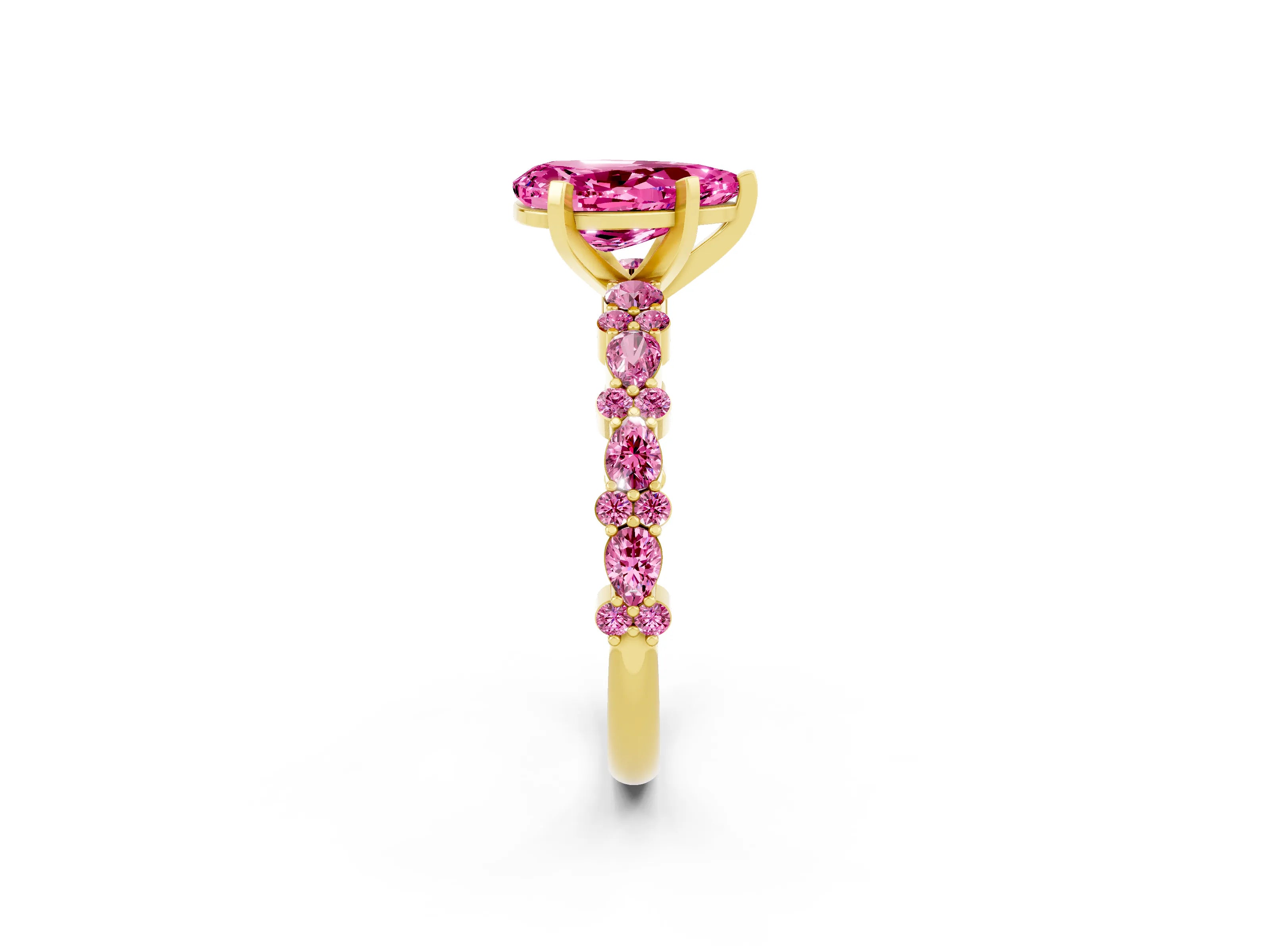 Yellow gold Fancy White Pear Cut Pink Sapphire Solitaire with Side Stones, Pave Band, Four-Prong Setting_14