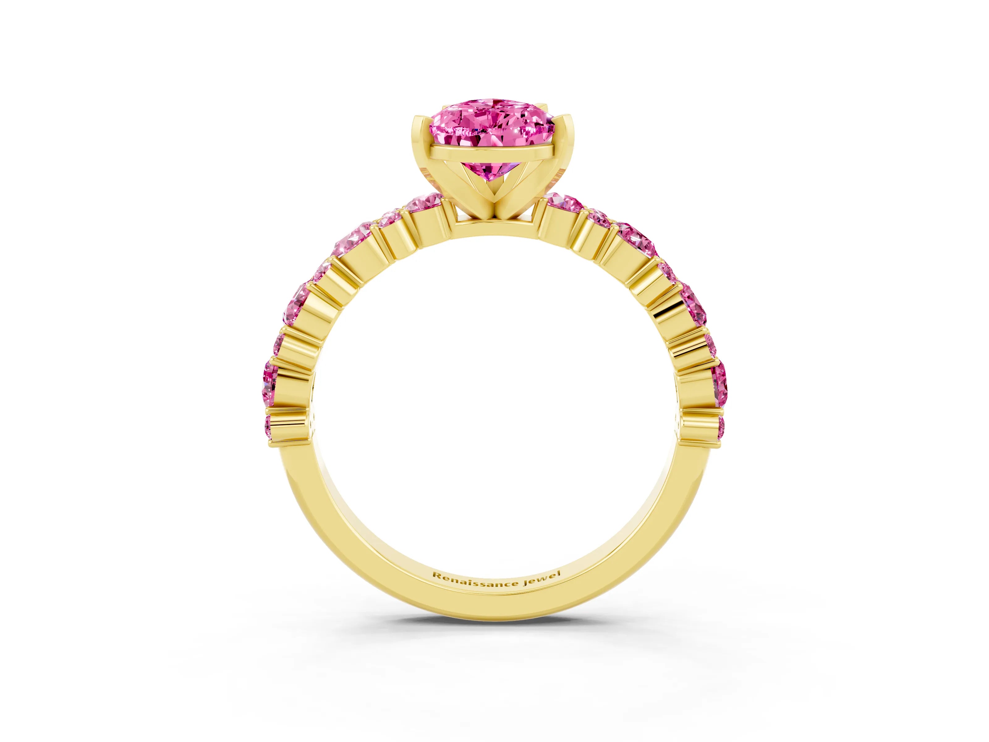 Yellow gold Fancy White Pear Cut Pink Sapphire Solitaire with Side Stones, Pave Band, Four-Prong Setting_15