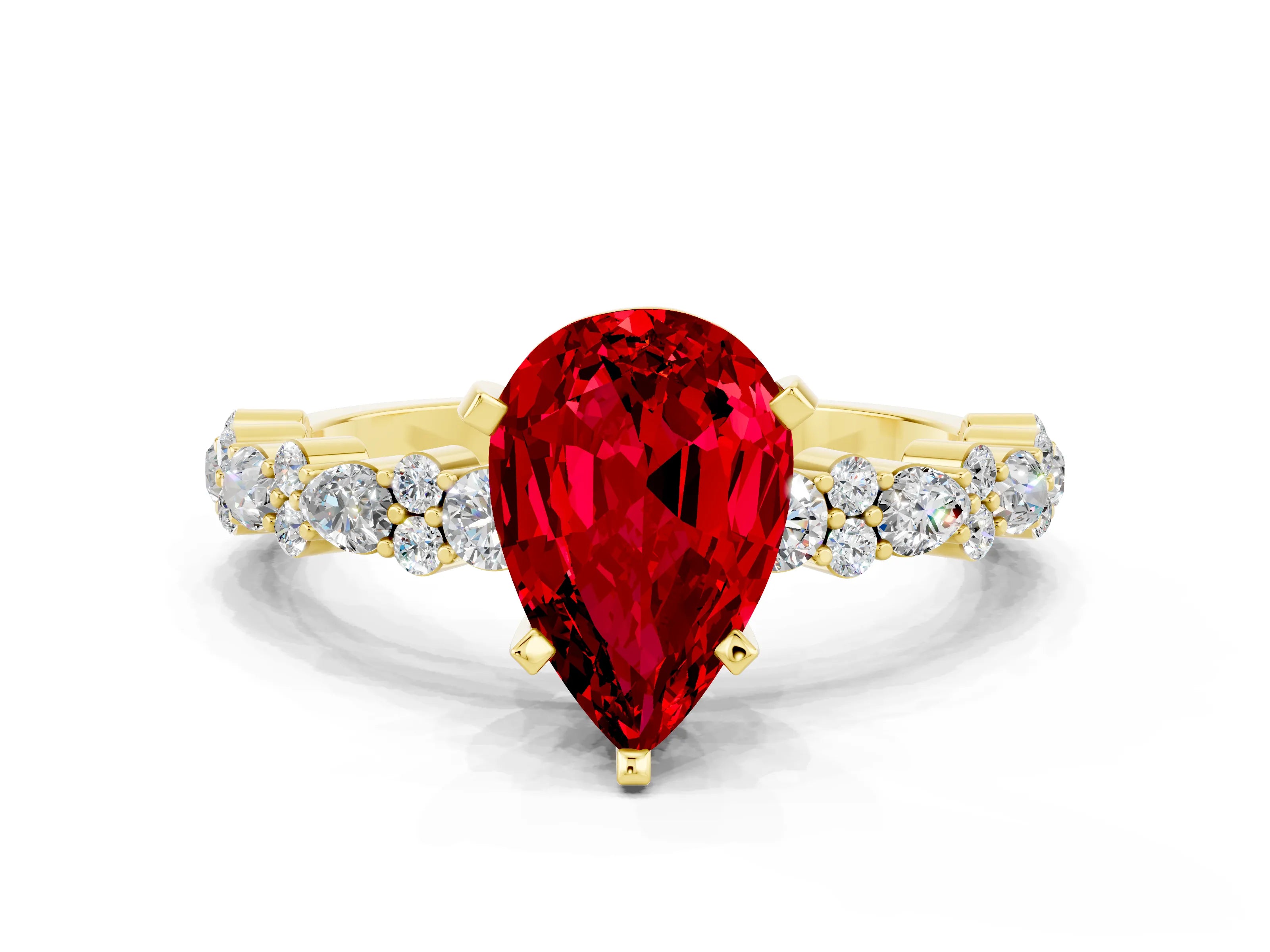 Yellow gold Fancy White Pear Cut Ruby Solitaire with Side Stones, Pave Band, Four-Prong Setting