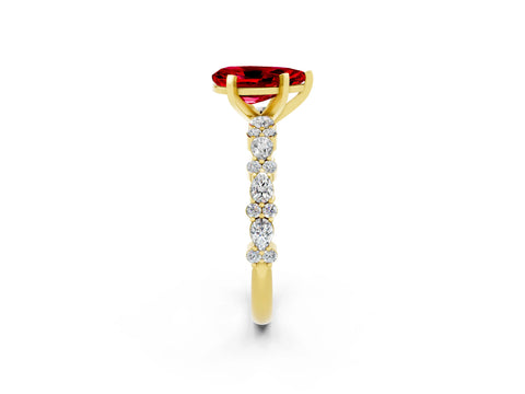 Yellow gold Fancy White Pear Cut Ruby Solitaire with Side Stones, Pave Band, Four-Prong Setting_2