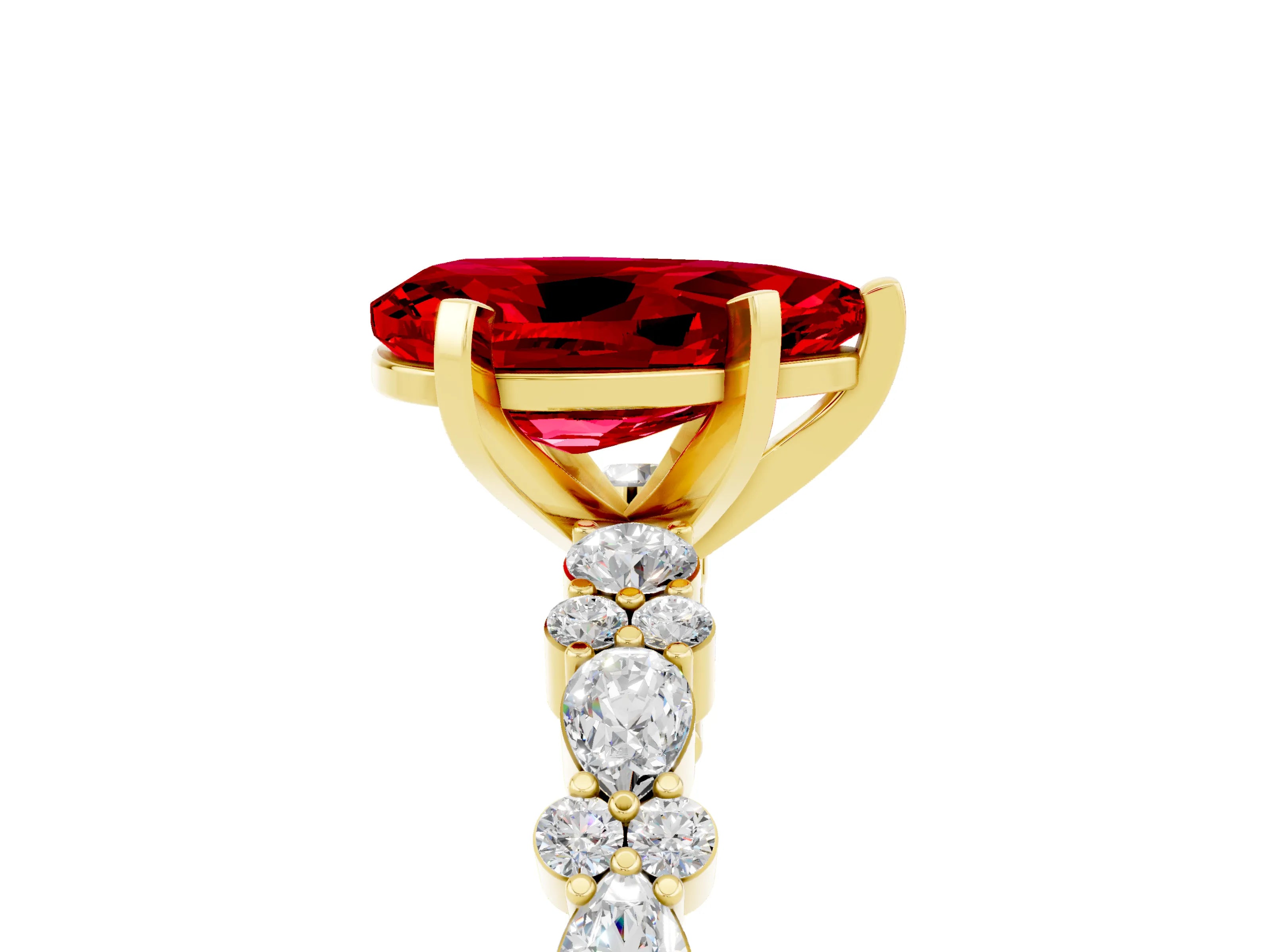 Yellow gold Fancy White Pear Cut Ruby Solitaire with Side Stones, Pave Band, Four-Prong Setting_5