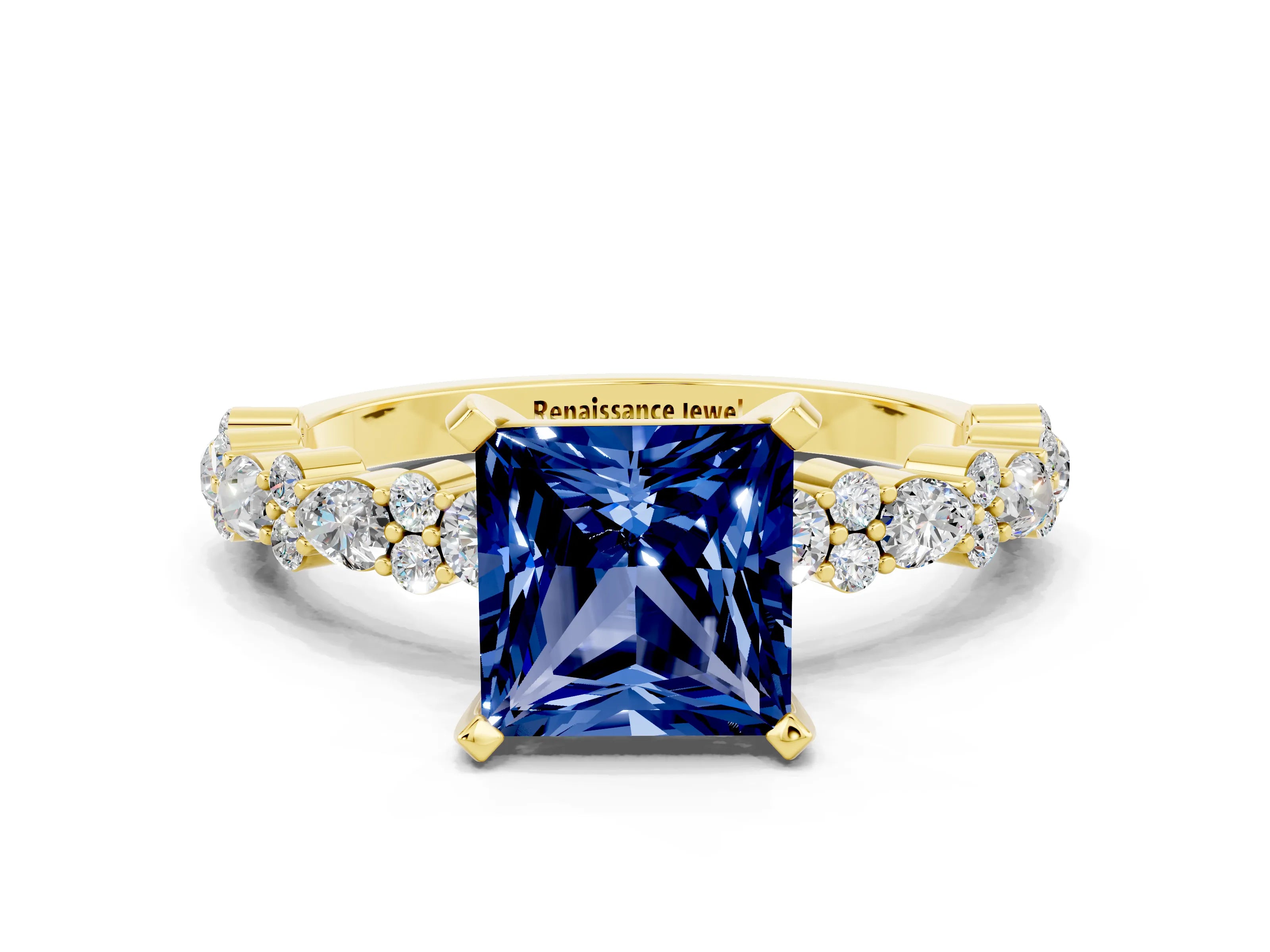 Yellow gold Fancy White Princess Cut Blue Sapphire Solitaire with Side Stones, Pave Band, Four-Prong Setting_12