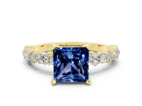 Yellow gold Fancy White Princess Cut Blue Sapphire Solitaire with Side Stones, Pave Band, Four-Prong Setting_12