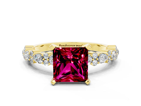 Yellow gold Fancy White Princess Cut Garnet Solitaire with Side Stones, Pave Band, Four-Prong Setting_12