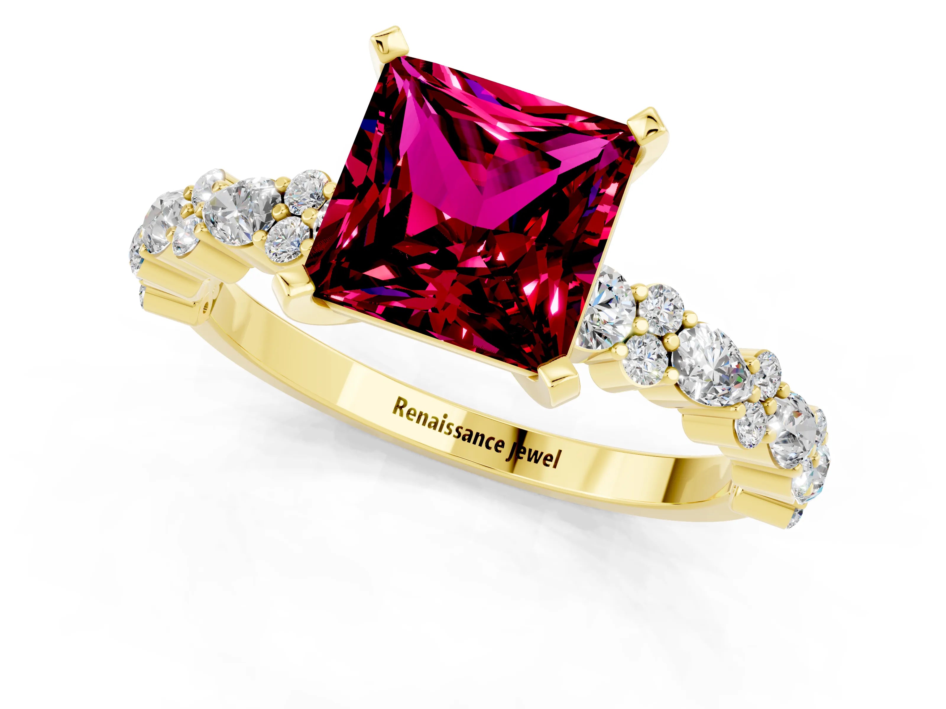 Yellow gold Fancy White Princess Cut Garnet Solitaire with Side Stones, Pave Band, Four-Prong Setting_13