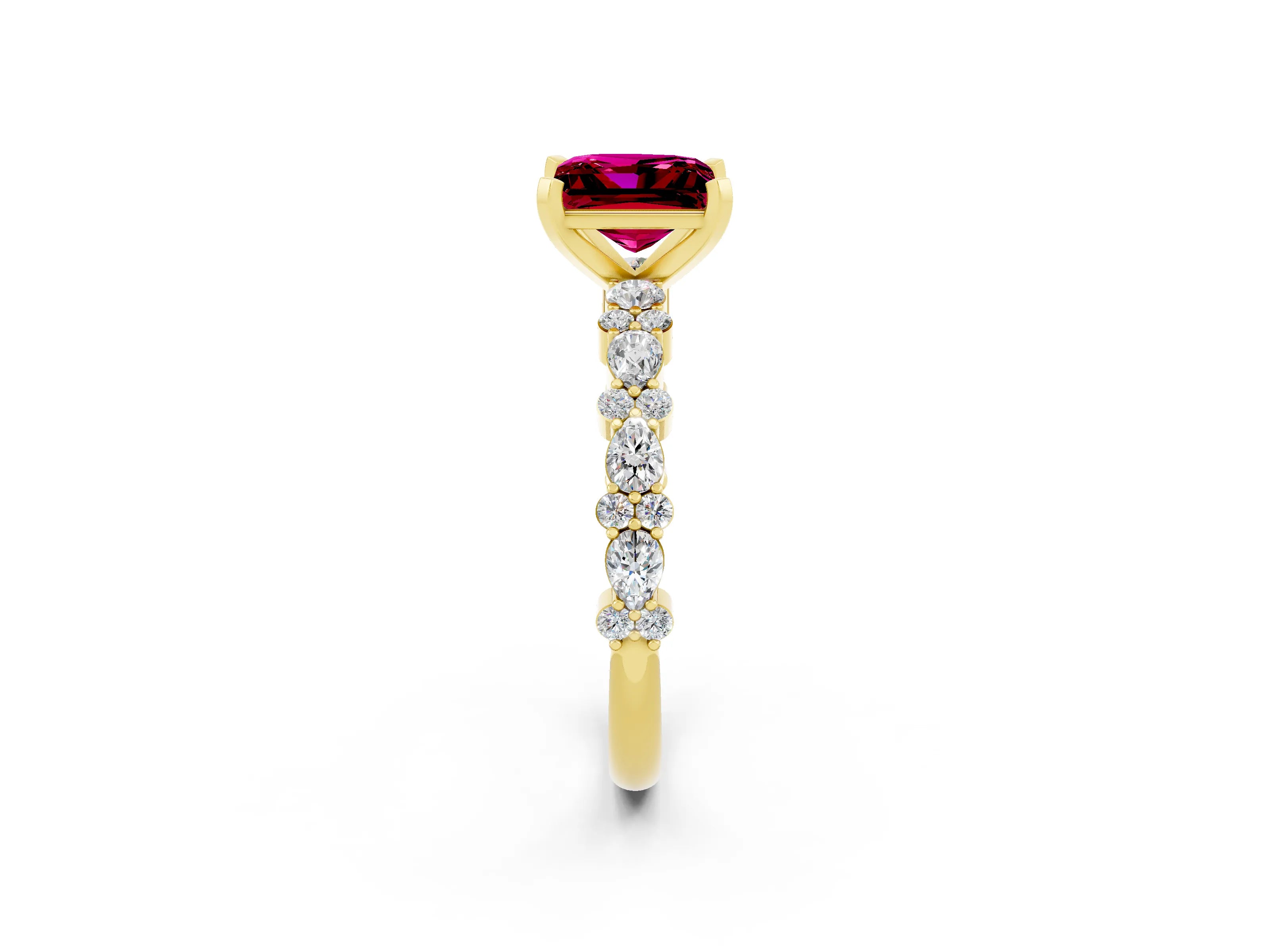 Yellow gold Fancy White Princess Cut Garnet Solitaire with Side Stones, Pave Band, Four-Prong Setting_14