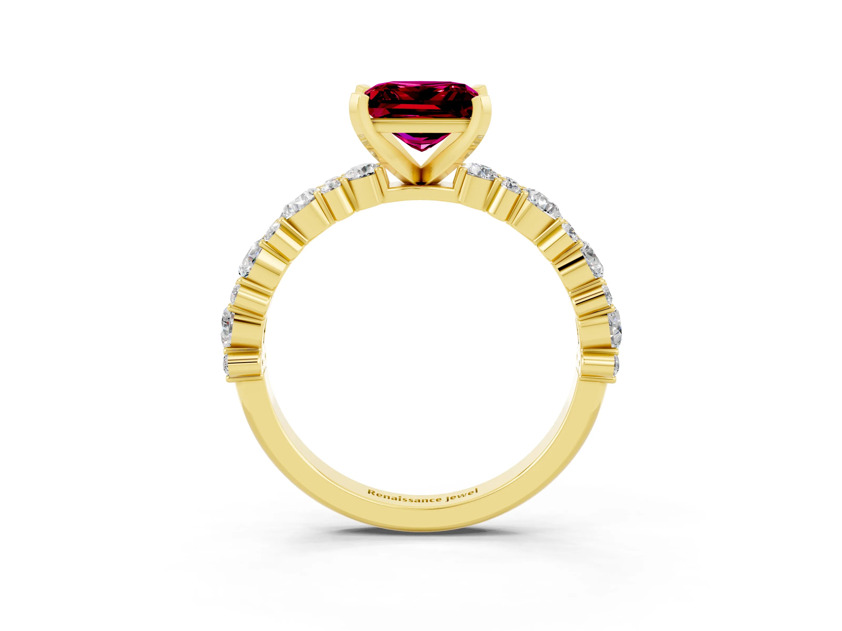 Yellow gold Fancy White Princess Cut Garnet Solitaire with Side Stones, Pave Band, Four-Prong Setting_15