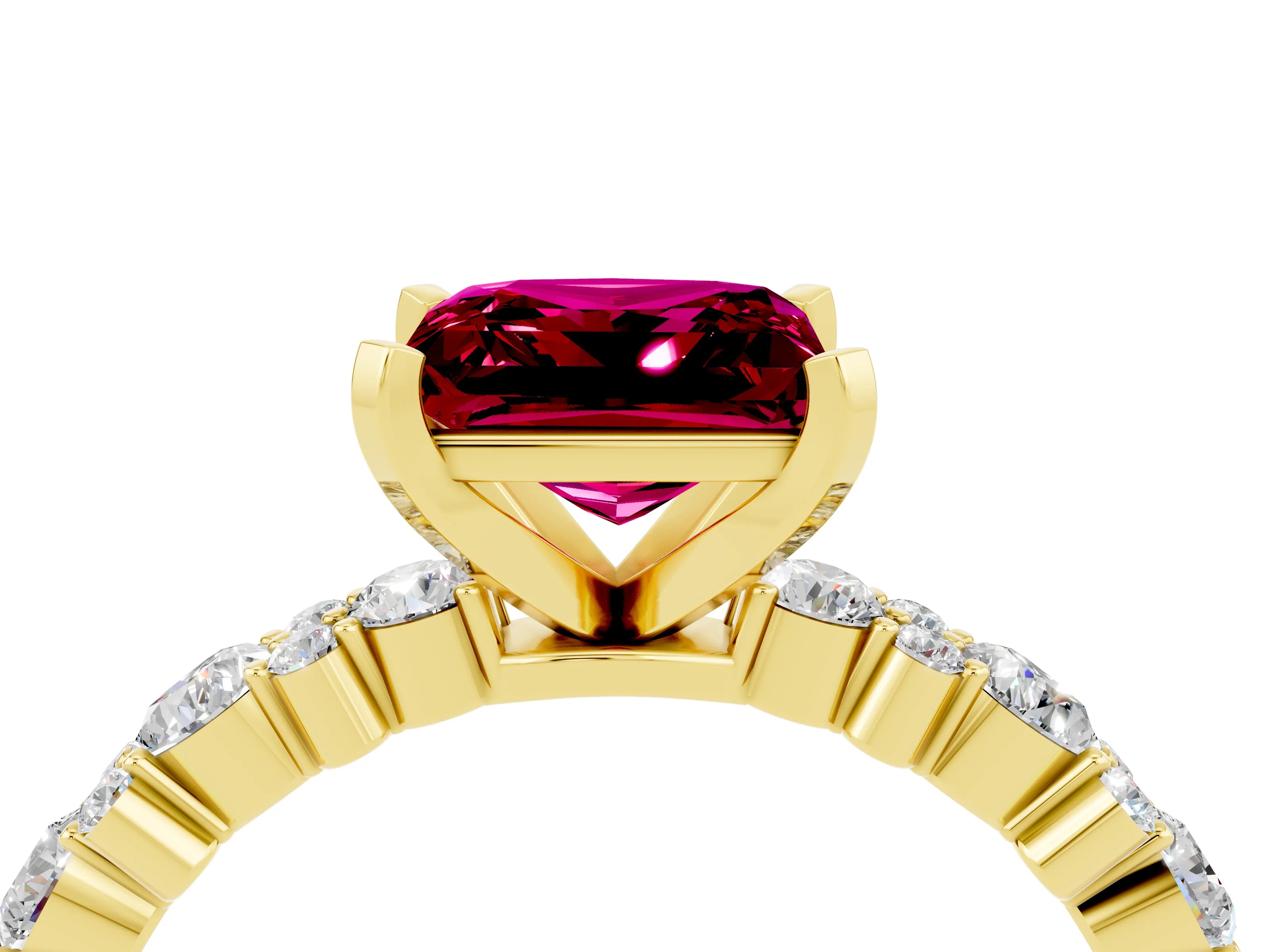 Yellow gold Fancy White Princess Cut Garnet Solitaire with Side Stones, Pave Band, Four-Prong Setting_16