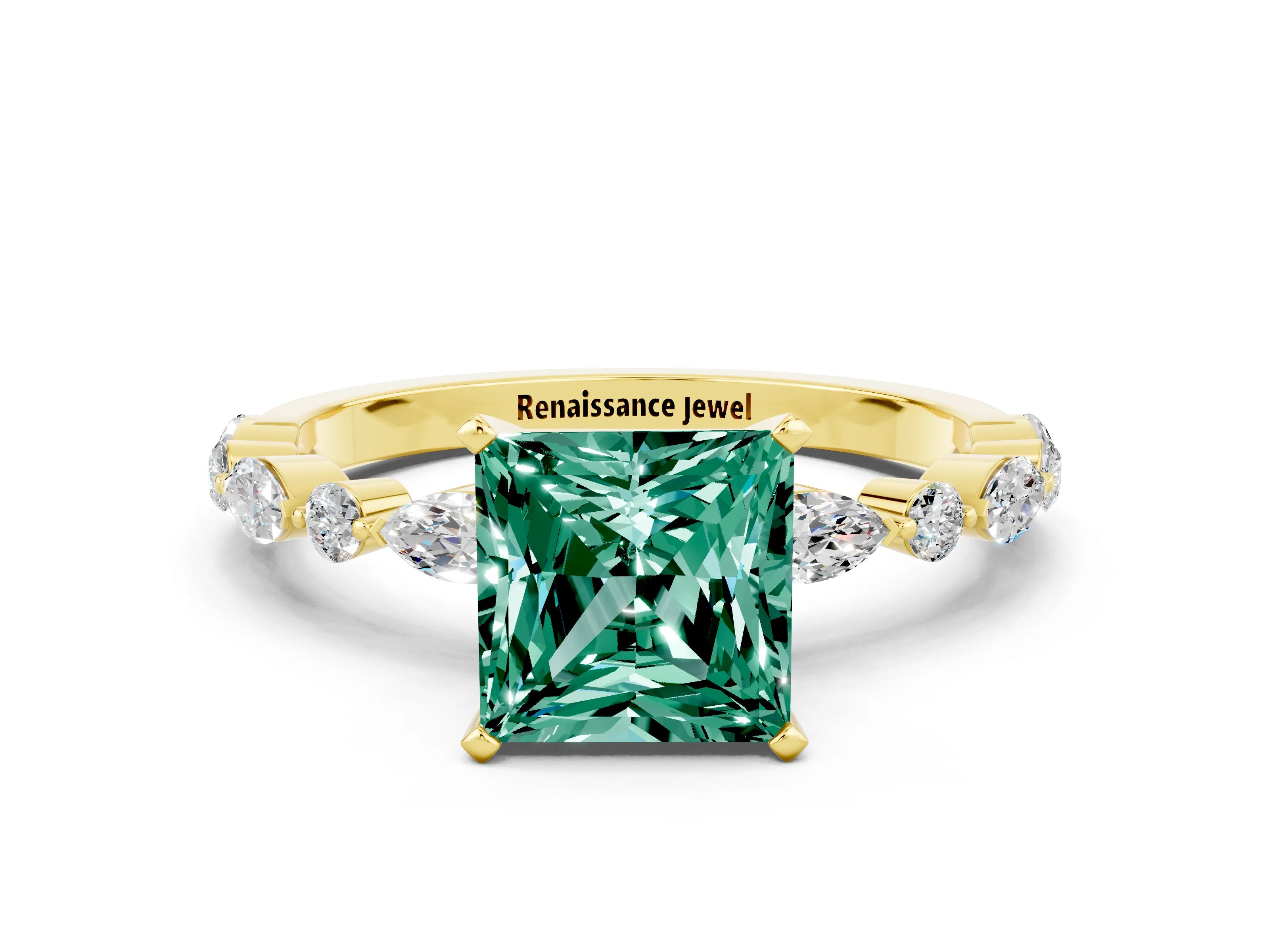 Yellow gold Fancy White Princess Cut Green Sapphire Solitaire with Side Stones on a Pavé Band and Four-Prong Setting