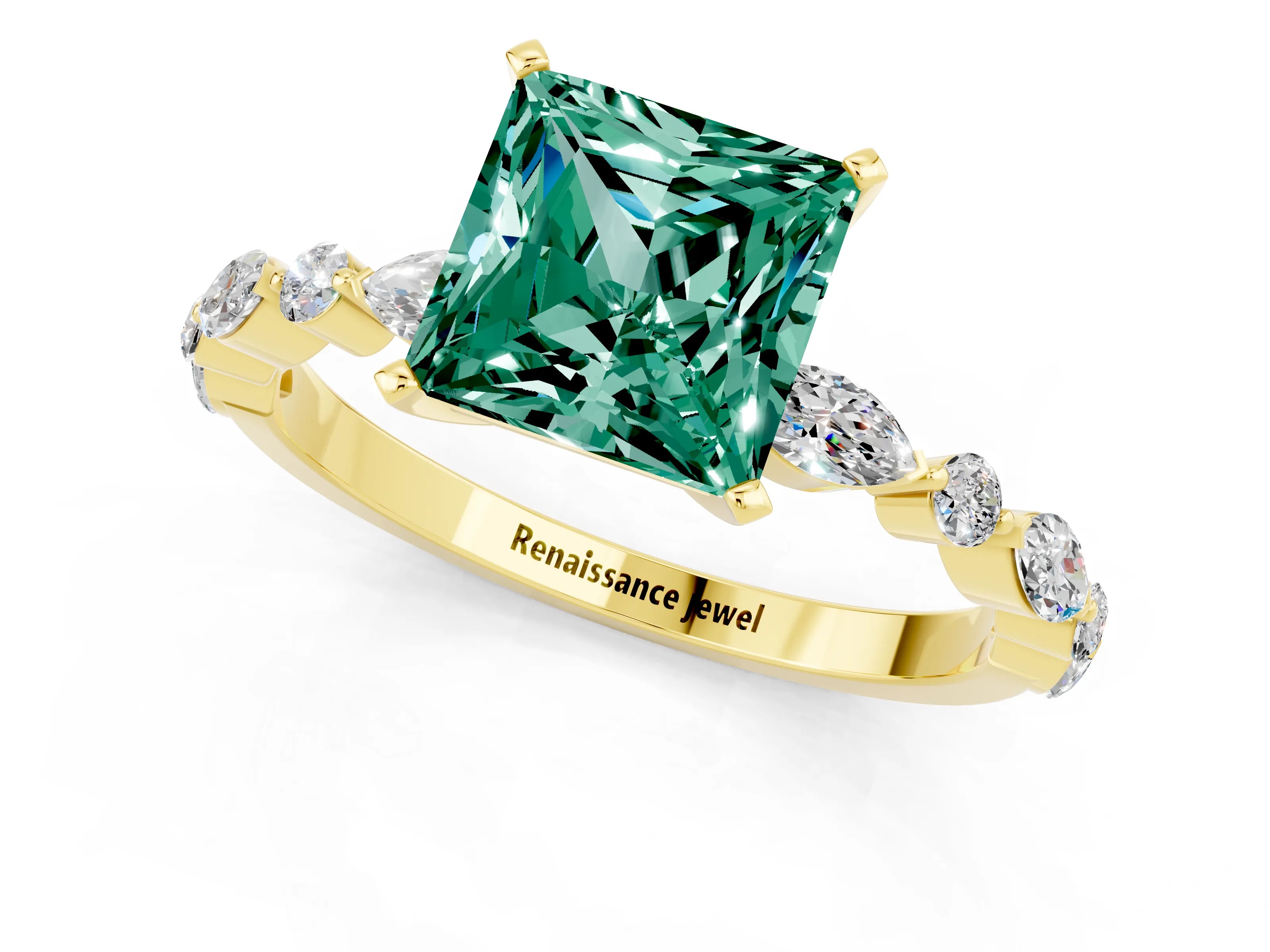Yellow gold Fancy White Princess Cut Green Sapphire Solitaire with Side Stones on a Pavé Band and Four-Prong Setting_1