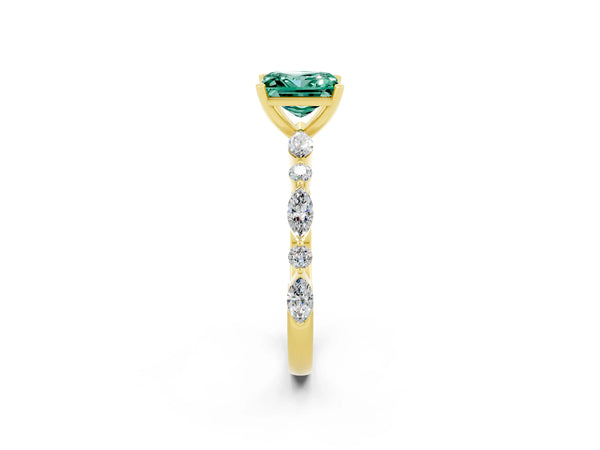 Yellow gold Princess Cut Green Sapphire Ring with Marquise and Round  Side Stones and Four-Prong Setting