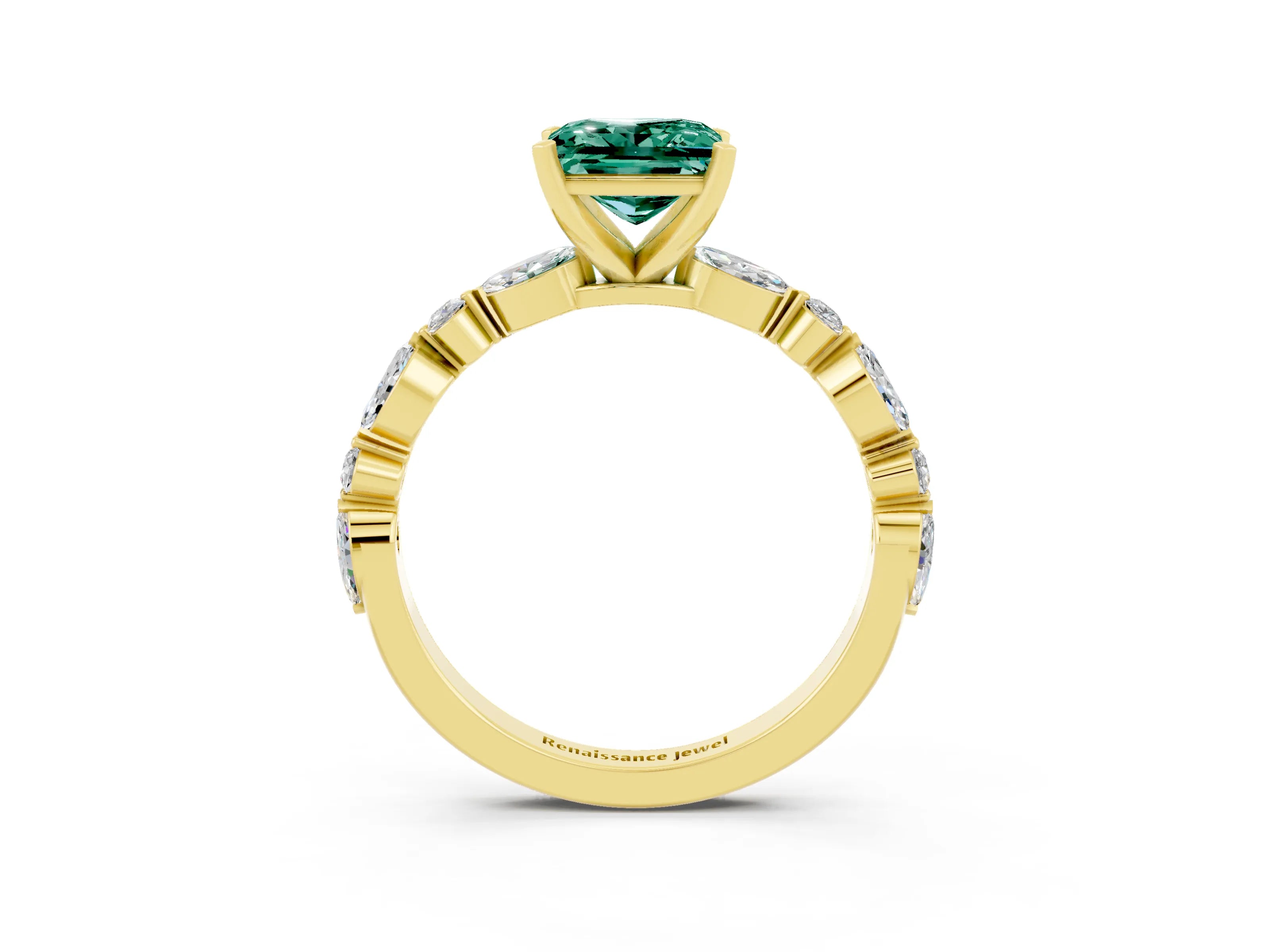 Yellow gold Fancy White Princess Cut Green Sapphire Solitaire with Side Stones on a Pavé Band and Four-Prong Setting_3