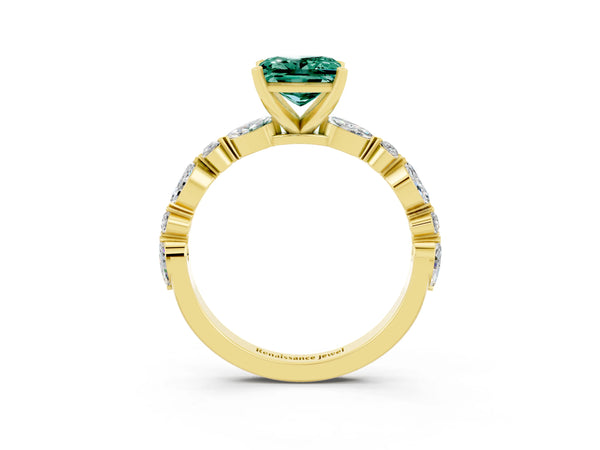 Yellow gold Princess Cut Green Sapphire Ring with Marquise and Round  Side Stones and Four-Prong Setting