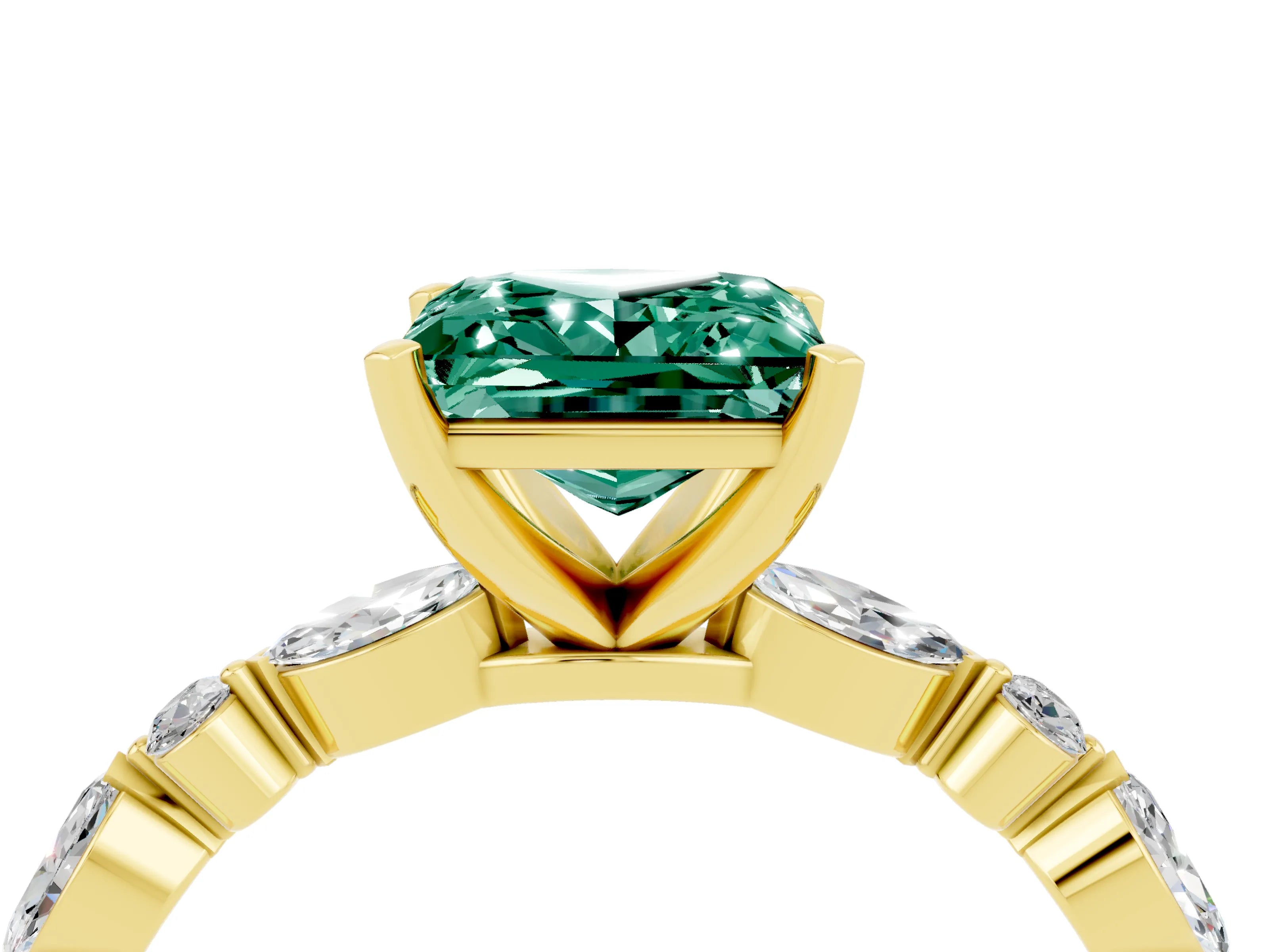 Yellow gold Fancy White Princess Cut Green Sapphire Solitaire with Side Stones on a Pavé Band and Four-Prong Setting_4