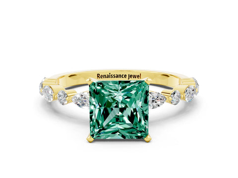 Yellow gold Fancy White Princess Cut Green Sapphire Solitaire with Side Stones on a Pavé Band and Four-Prong Setting