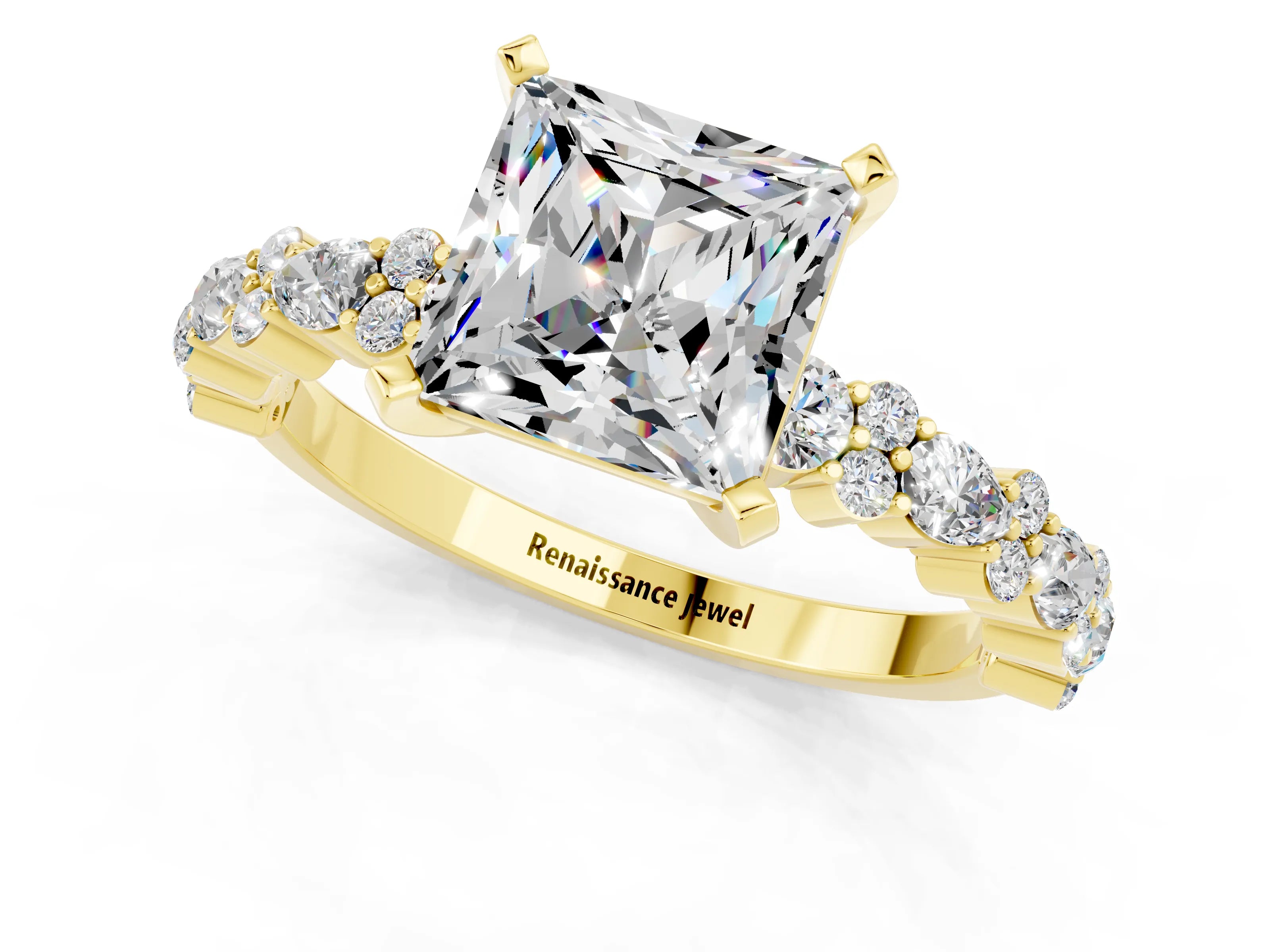 Yellow gold Fancy White Princess Cut Moissanite Solitaire with Side Stones, Pave Band, Four-Prong Setting_13