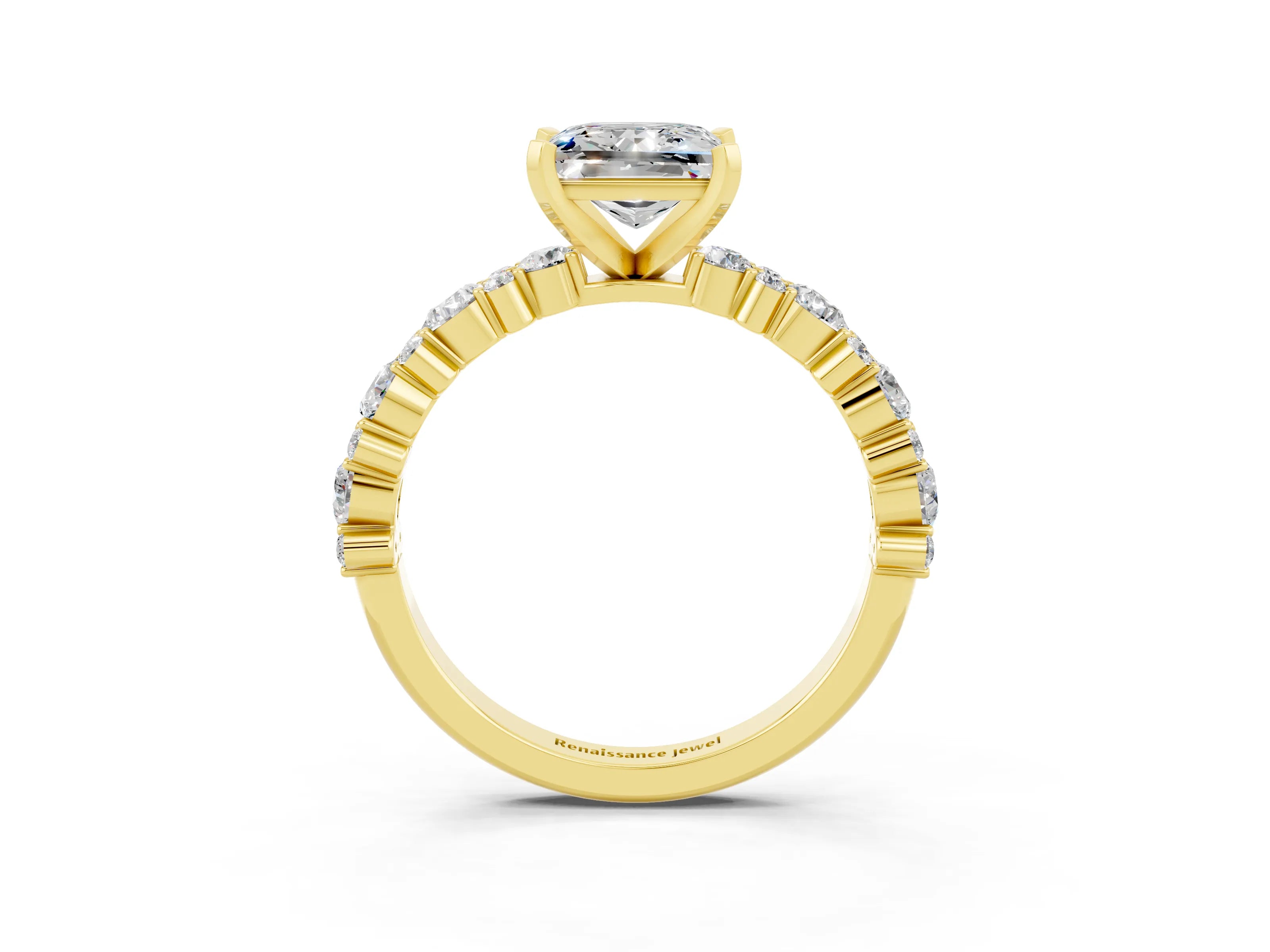 Yellow gold Fancy White Princess Cut Moissanite Solitaire with Side Stones, Pave Band, Four-Prong Setting_15