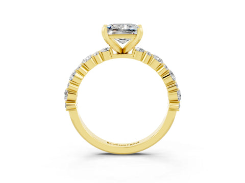 Yellow gold Fancy White Princess Cut Moissanite Solitaire with Side Stones, Pave Band, Four-Prong Setting_15