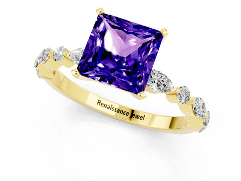 Yellow gold Fancy White Princess Cut Tanzanite Solitaire with Side Stones on a Pavé Band and Four-Prong Setting_1