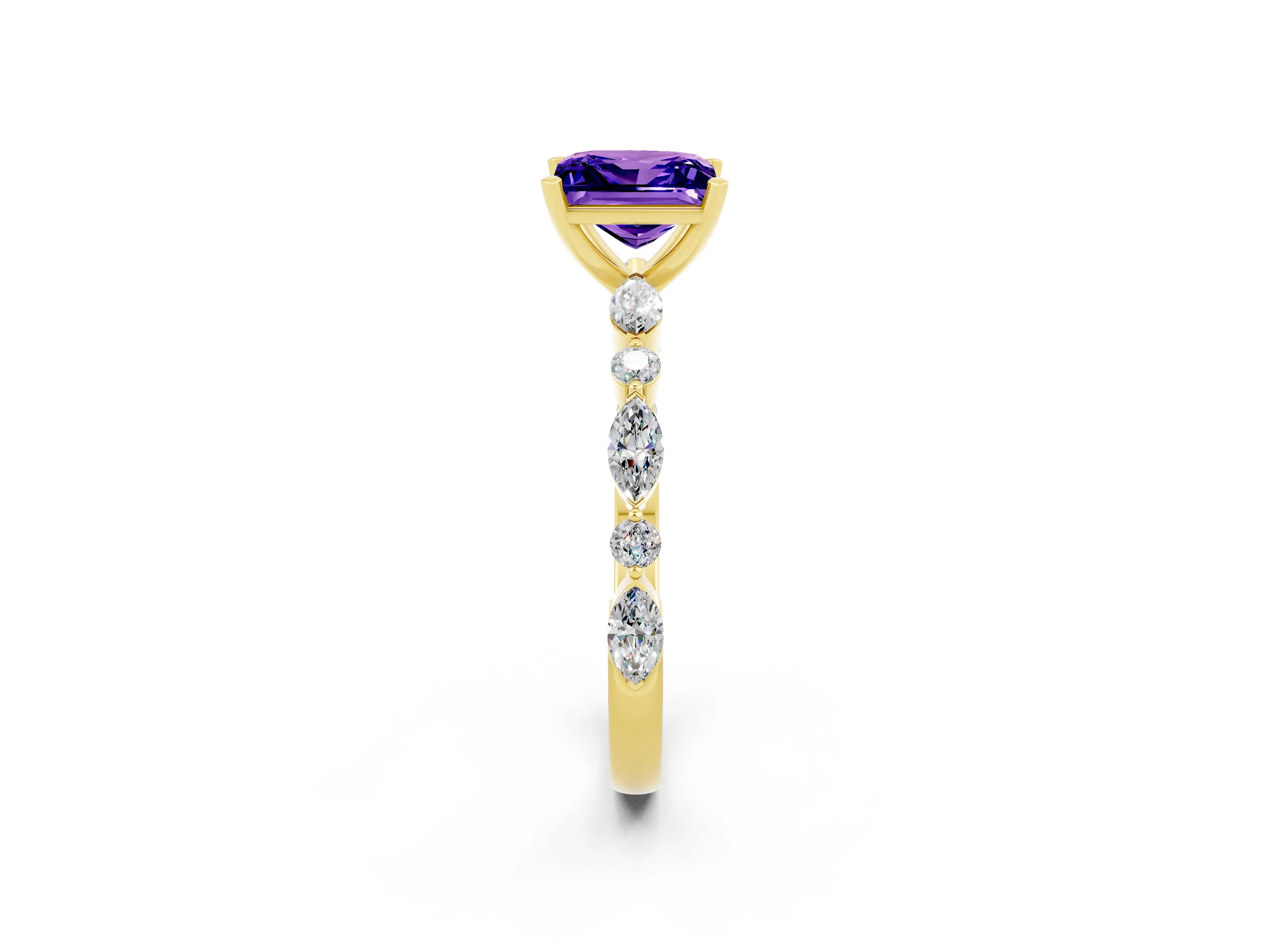 Yellow gold Fancy White Princess Cut Tanzanite Solitaire with Side Stones on a Pavé Band and Four-Prong Setting_2