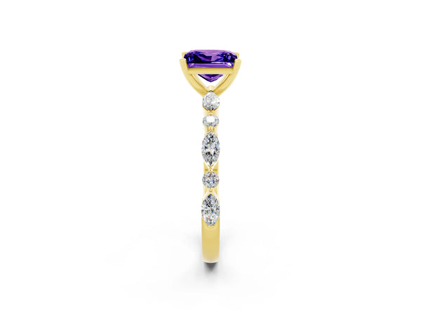 Yellow gold Princess Cut Tanzanite Ring with Marquise and Round  Side Stones and Four-Prong Setting