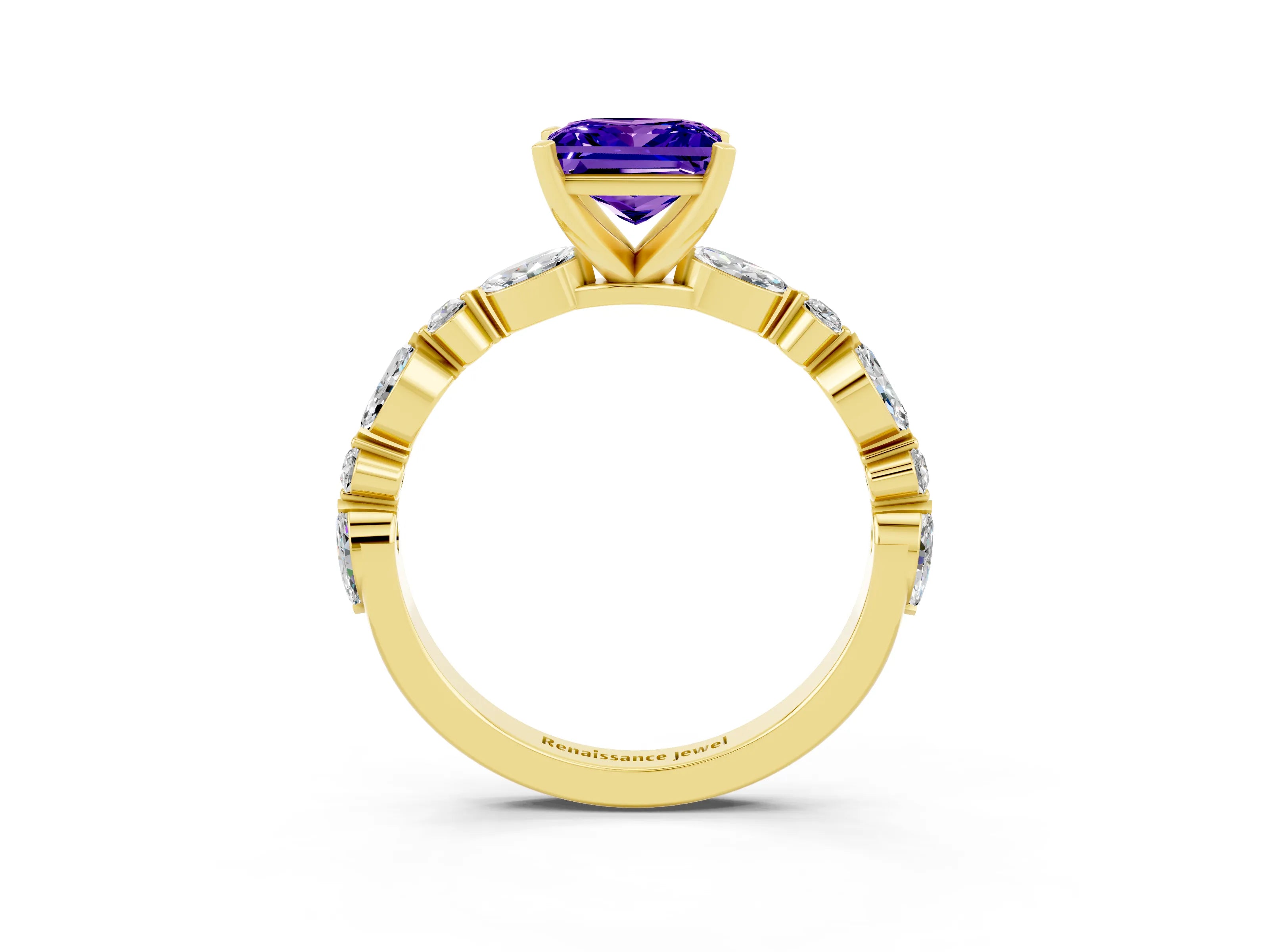 Yellow gold Fancy White Princess Cut Tanzanite Solitaire with Side Stones on a Pavé Band and Four-Prong Setting_3