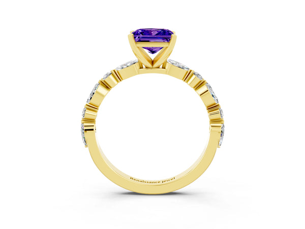 Yellow gold Princess Cut Tanzanite Ring with Marquise and Round  Side Stones and Four-Prong Setting