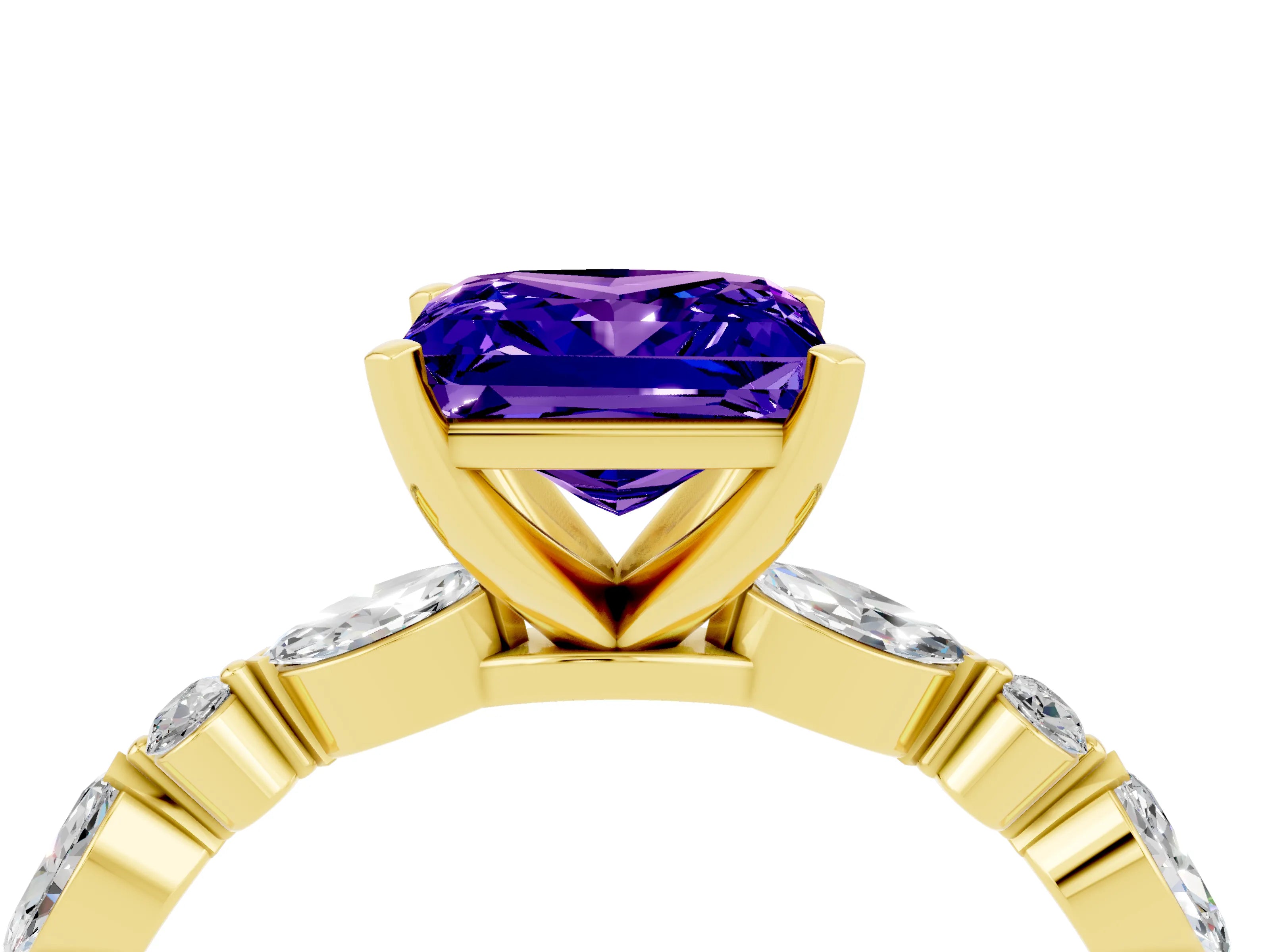 Yellow gold Fancy White Princess Cut Tanzanite Solitaire with Side Stones on a Pavé Band and Four-Prong Setting_4
