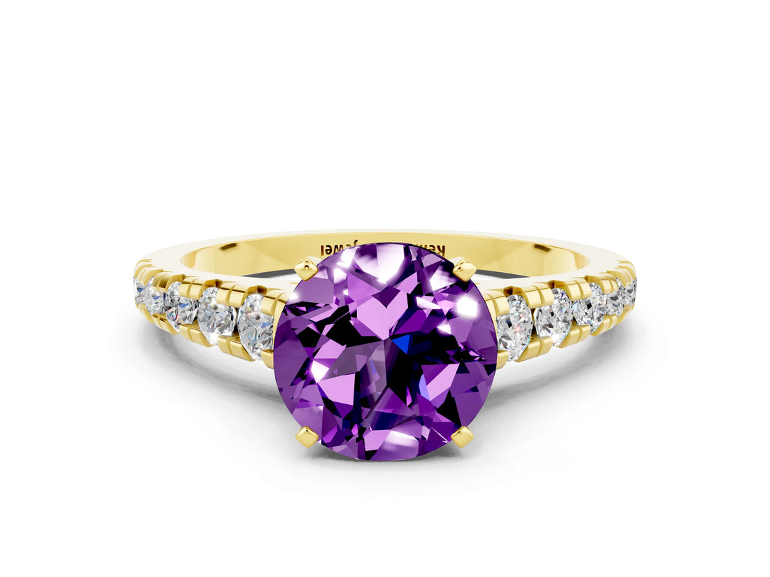 Yellow gold Fancy White Round Cut Amethyst Solitaire Ring with Cathedral Setting and Pavé Band