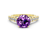 Yellow gold Fancy White Round Cut Amethyst Solitaire Ring with Cathedral Setting and Pavé Band