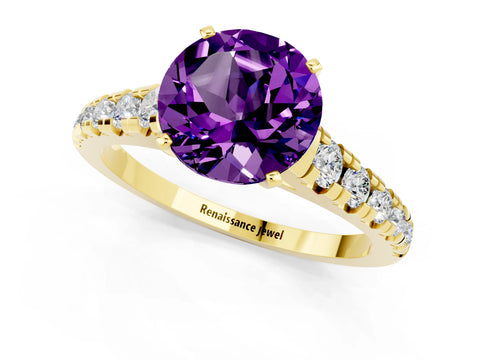 Yellow gold Fancy White Round Cut Amethyst Solitaire Ring with Cathedral Setting and Pavé Band_1