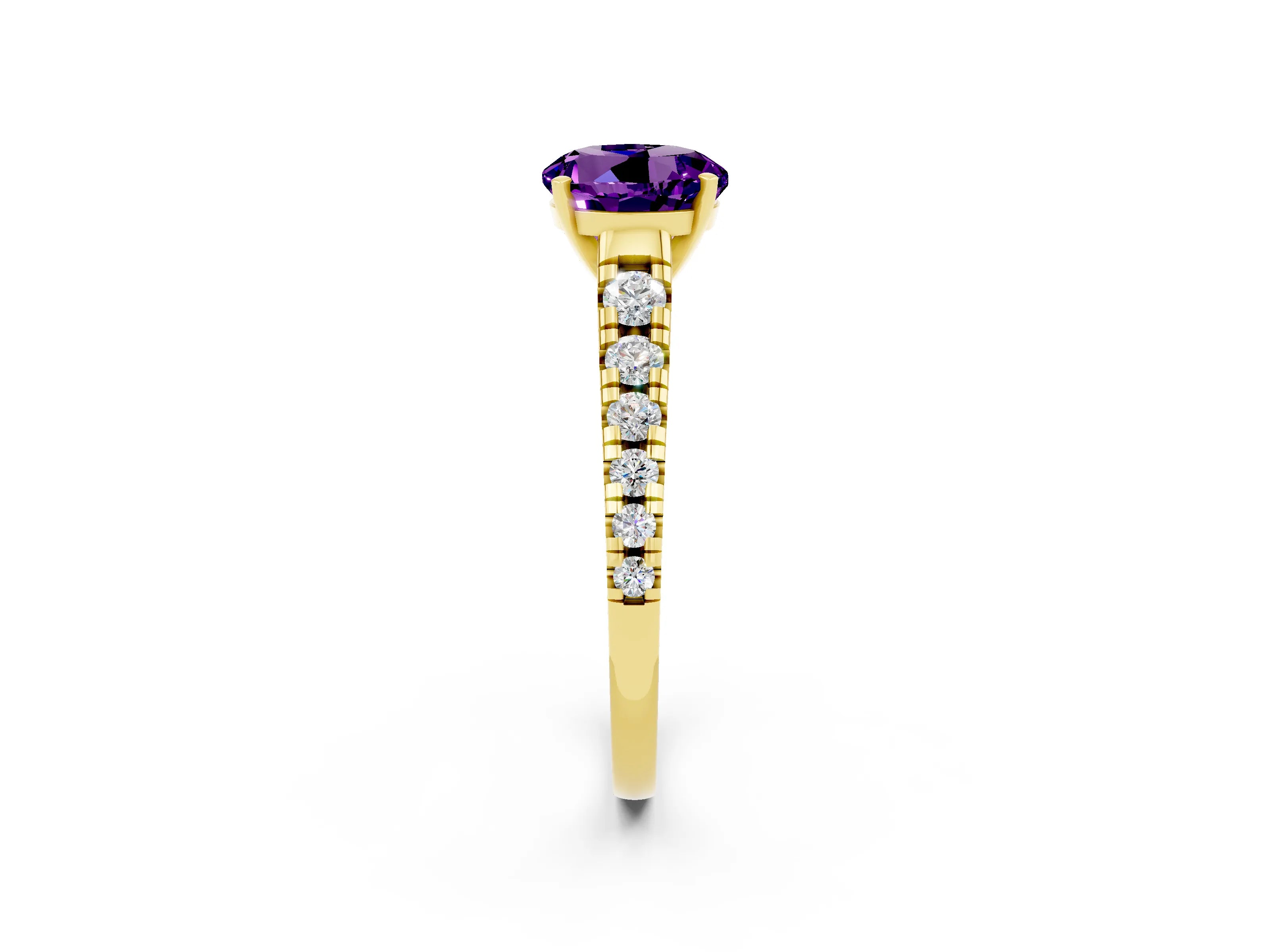 Yellow gold Fancy White Round Cut Amethyst Solitaire Ring with Cathedral Setting and Pavé Band_2