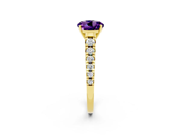 Yellow gold Round Cut Amethyst Cathedral Solitaire Ring with Round  Pavé Band