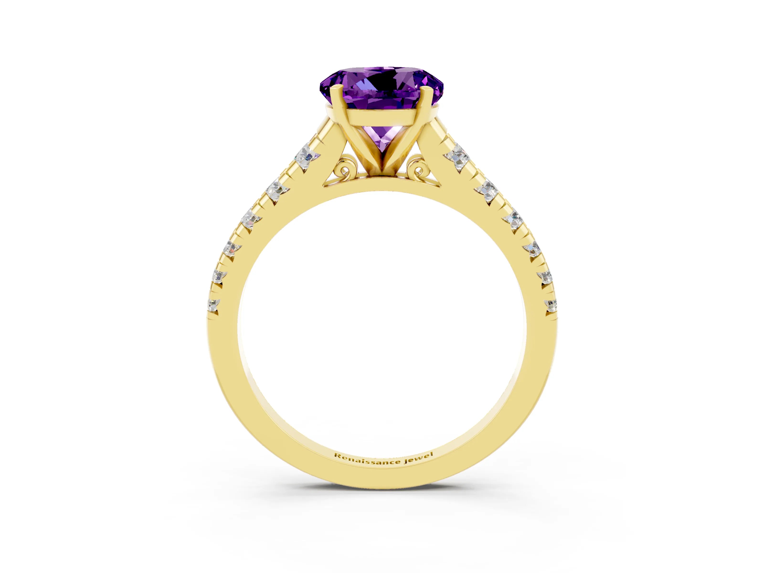 Yellow gold Fancy White Round Cut Amethyst Solitaire Ring with Cathedral Setting and Pavé Band_3
