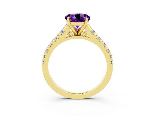 Yellow gold Round Cut Amethyst Cathedral Solitaire Ring with Round  Pavé Band