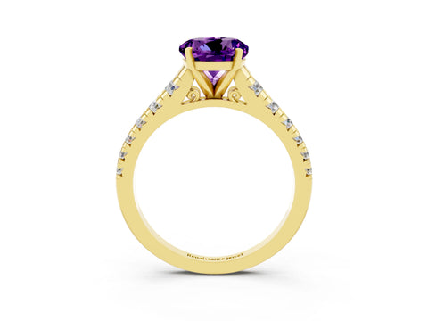 Yellow gold Fancy White Round Cut Amethyst Solitaire Ring with Cathedral Setting and Pavé Band_3