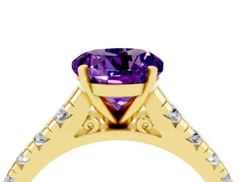 Yellow gold Fancy White Round Cut Amethyst Solitaire Ring with Cathedral Setting and Pavé Band_4