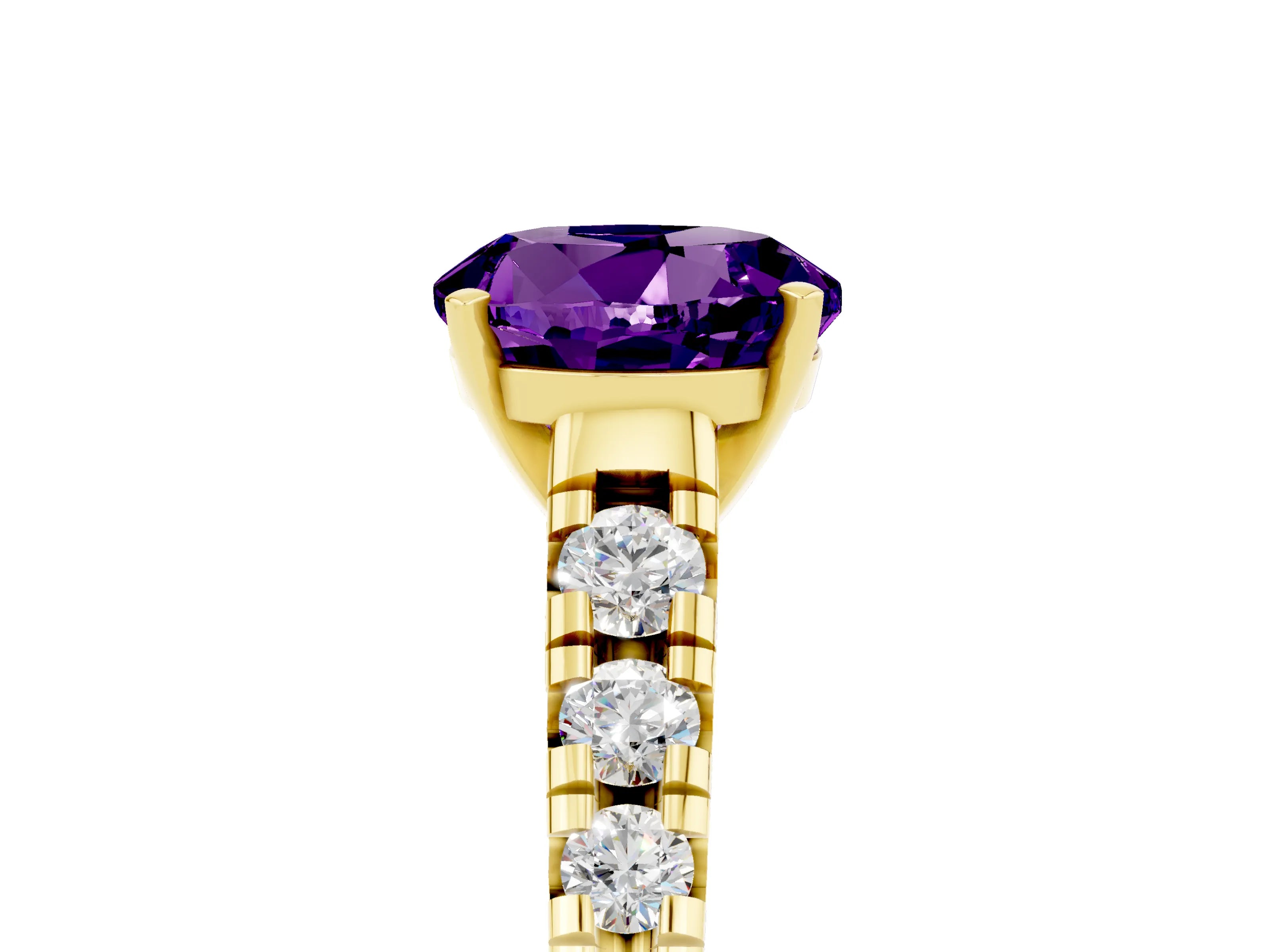 Yellow gold Fancy White Round Cut Amethyst Solitaire Ring with Cathedral Setting and Pavé Band_5