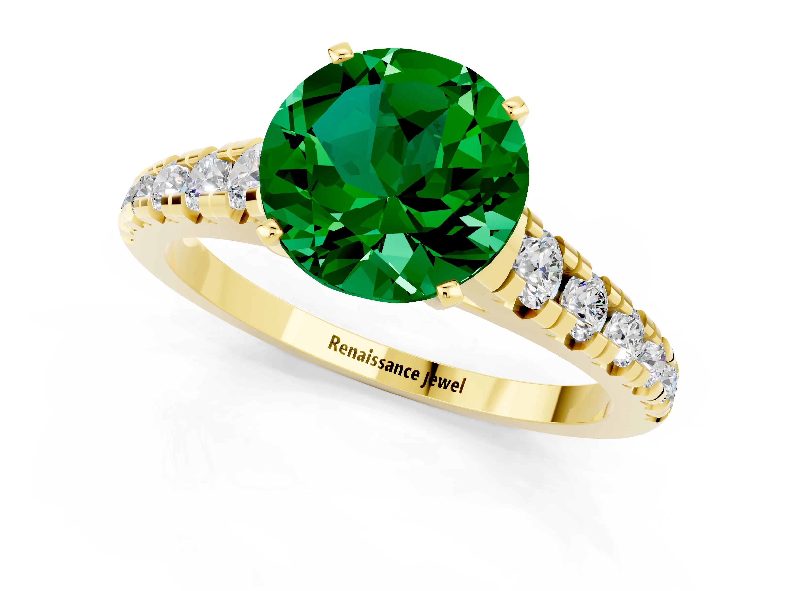 Yellow gold Fancy White Round Cut Emerald Solitaire Ring with Cathedral Setting and Pavé Band_1
