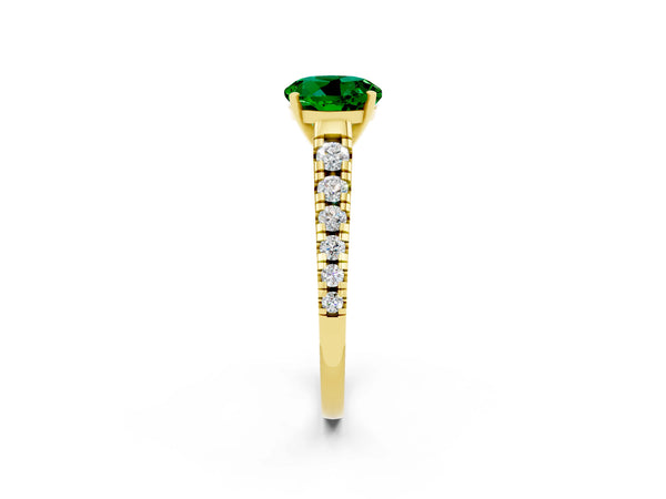 Yellow gold Round Cut Emerald Cathedral Solitaire Ring with Round  Pavé Band