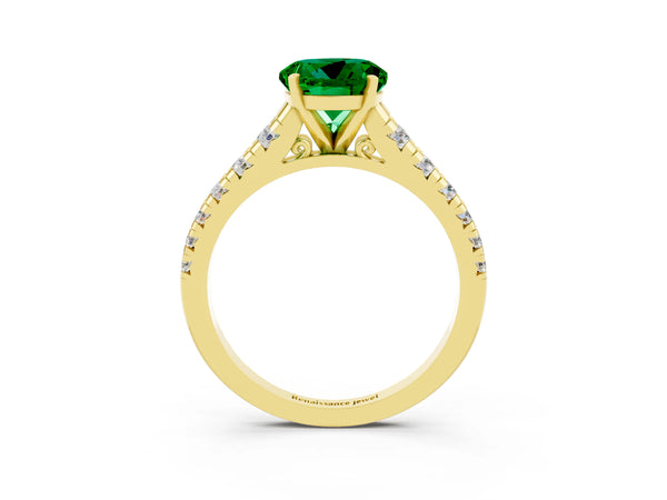 Yellow gold Round Cut Emerald Cathedral Solitaire Ring with Round  Pavé Band