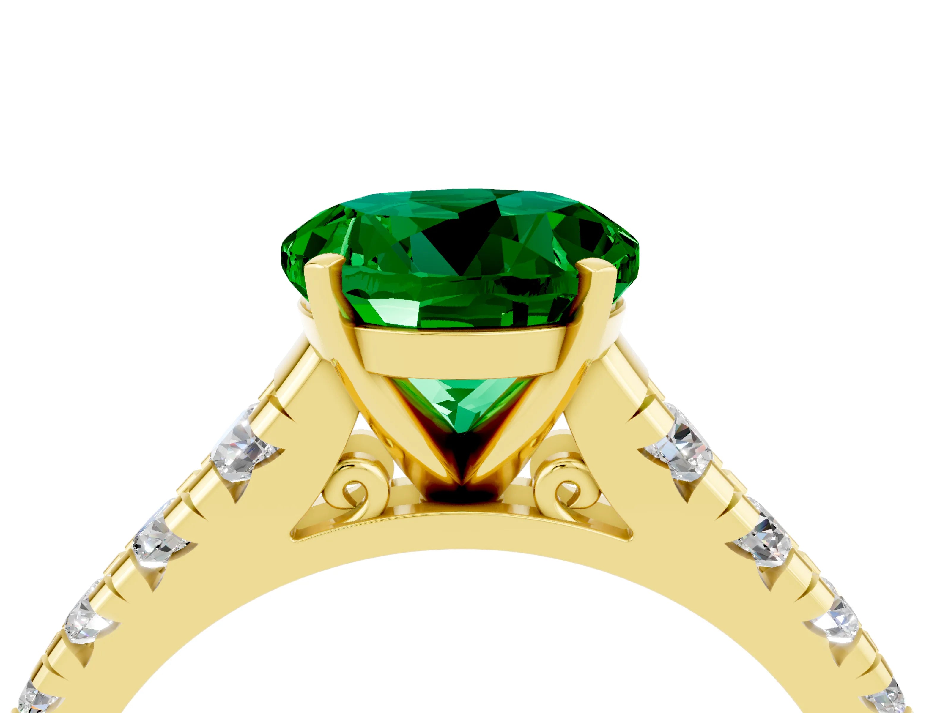 Yellow gold Fancy White Round Cut Emerald Solitaire Ring with Cathedral Setting and Pavé Band_4