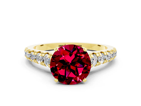 Yellow gold Round Cut Garnet Cathedral Solitaire Ring with Round  Pavé Band